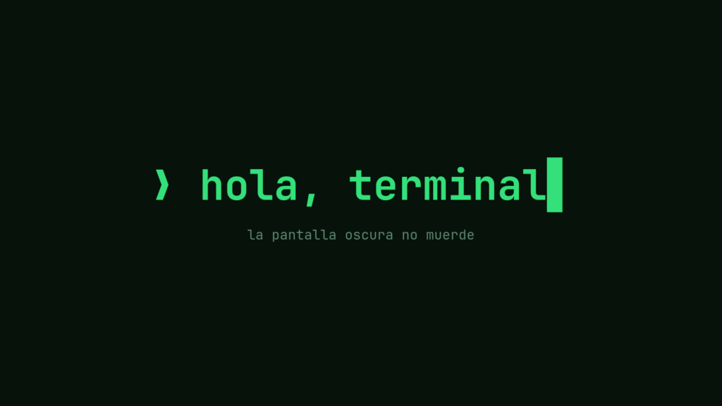 Pantalla de terminal oscura con el texto «hola, terminal» en verde y un cursor