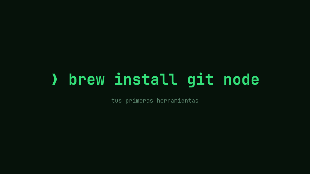 Pantalla de terminal con el comando brew install git node en verde